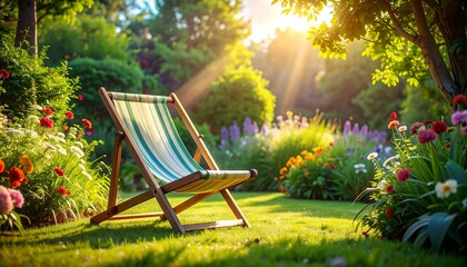 Serene garden escape with a deck chair bathed in the warm glow of sunlight
