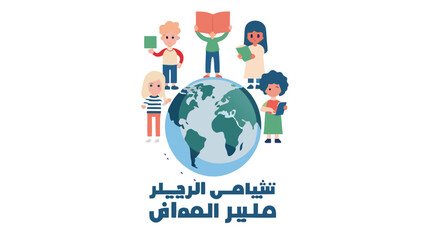 Diverse group of children standing on and around globe reading books in casual clothes