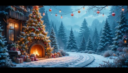Christmas holiday backdrop featuring lights, decorations, and a warm winter ambiance