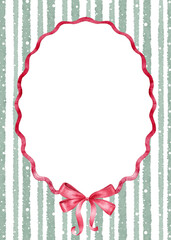 Wavy ribbon oval frame with red bow. Watercolor illustration.