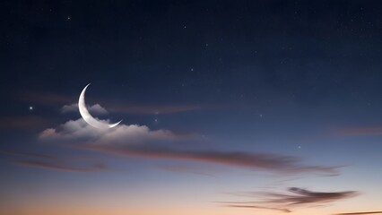 Obraz premium Crescent moon and stars in a twilight sky with wispy clouds night