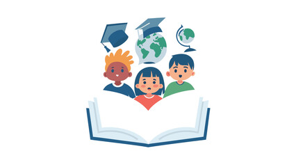 Three diverse children reading a book with graduation cap, globe and education symbols around them, representing learning and knowledge