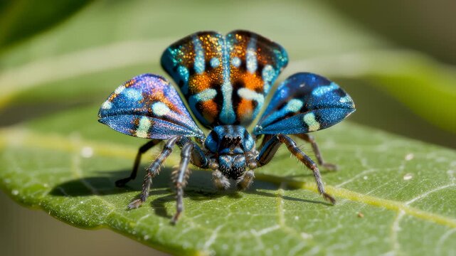 Close-Up of Maratus Vespertilio Spider Displaying Wing-Like Flaps on Leaf