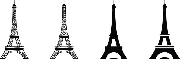 Obraz premium Four Eiffel Tower Silhouettes with Varying Levels of Detail on White Background Keywords: eiffel tower, paris, france, landmark