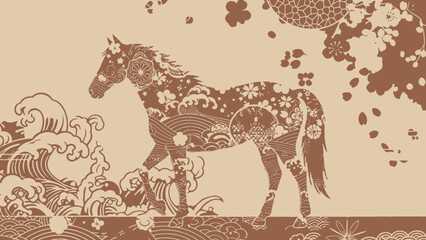 Stylized horse illustration with floral and wave patterns traditional Japanese art style suitable for cultural or decorative use