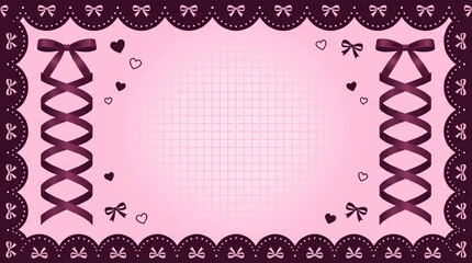 レースとリボンの可愛いフレームイラスト、ピンク色の背景
