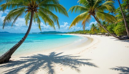 Beautiful tropical beach with palm trees, white sand, and turquoise water under clear sky