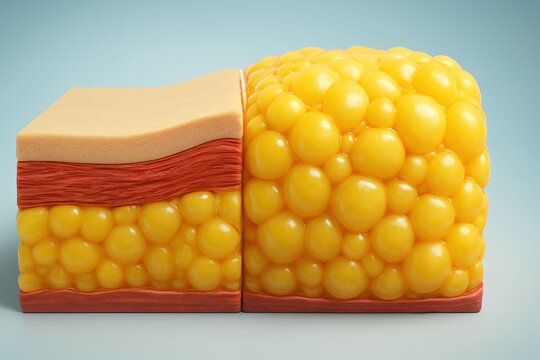 Ilustra&ccedil;&atilde;o m&eacute;dica 3D comparativa da estrutura da pele normal versus obesidade com ac&uacute;mulo excessivo de tecido adiposo