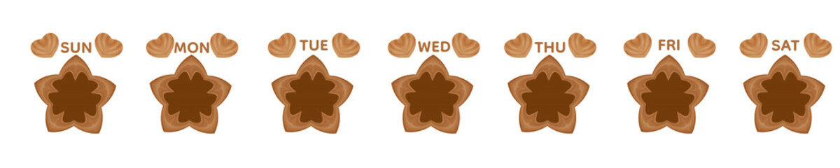 Set Of Editable Weekly Labels Monday to Sunday in Coffee Brown Cookie Style with Cute Bakery Elements, Cozy Dessert Design and Custom Text Space in Center for Planner and Calendar