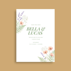 Wedding invitation pastel wildflowers in watercolor