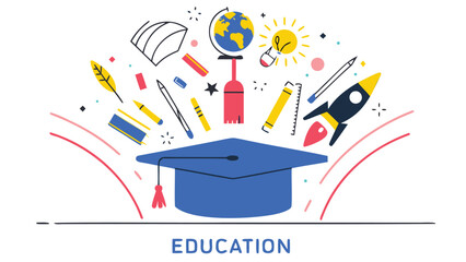 Vibrant illustration of graduation cap surrounded by educational icons and symbols representing learning and knowledge