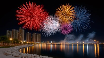 Vibrant fireworks exploding over city waterfront at night