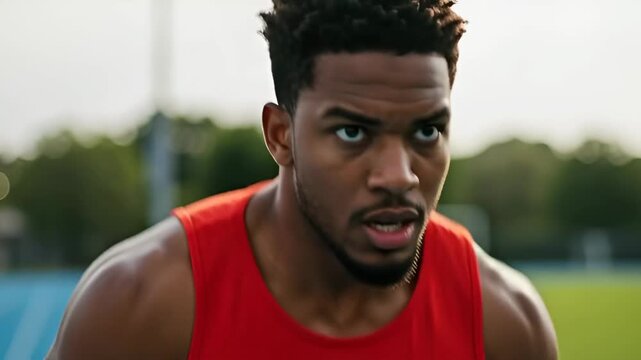 Determined young black male sprinter preparing for a race at the starting line. A close up sequence showing intense focus and athletic power. Sports motivation and training concept