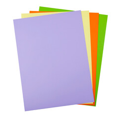 Vibrant stack of assorted blank colored paper sheets, ideal for creative projects or simple educational activities, isolated on a crisp white background, showcasing a diverse color range