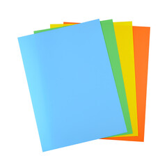 Vibrant assorted colored paper sheets fanned out on a clean white background, showcasing a simple and versatile layout for creative projects, office supplies, and graphic design backdrops