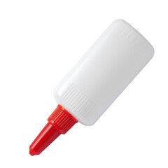 White plastic glue bottle with a red cap on a white background, ideal for crafting and DIY projects