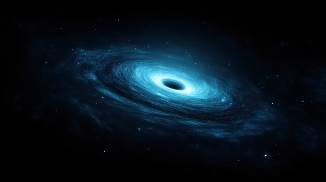 A black hole in space with swirling blue light and dark background, featuring glowing black body, intense darkness, and light effects on edges of spiral waves for cosmic or scientific concepts.