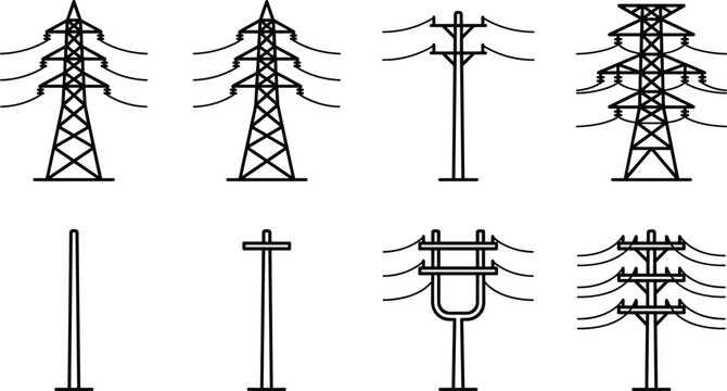 Collection of Electricity Pylon and Pole Line Art Icons on White Background Keywords: electricity, power, transmission, pylon