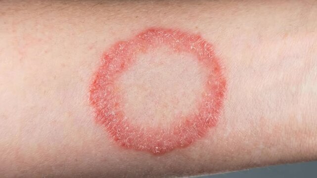 Close-up of Ringworm Fungal Infection on Human Skin Arm.