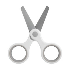 A pair of white scissors with gray blades and handles isolated on a white background for cutting and crafting