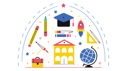 Vibrant illustration of various school supplies and symbols including pencils, a graduation cap, globe, and school building, surrounded by colorful stars and shapes