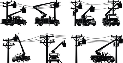 Collection of silhouette utility workers in bucket trucks on power poles Keywords: utility worker, power line worker, lineman © ripon29