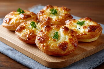 Savory puff pastry cheese buns on cutting board