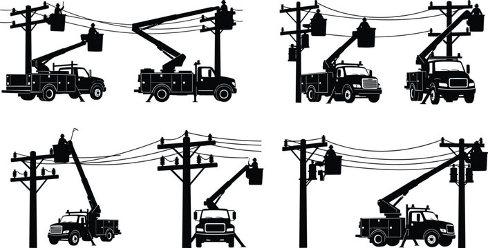 Collection of silhouette utility workers in bucket trucks on power poles Keywords: utility worker, power line worker, lineman