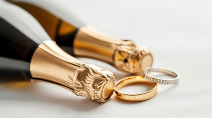 Wedding Rings on Champagne Bottles Celebrating Marriage