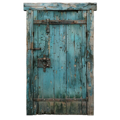 Naklejka premium A weathered vintage blue wooden door with rusted metal hardware and lock ideal for designs on transparent background