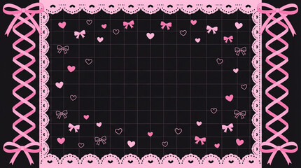 ピンク色のレースとリボンの可愛いフレームイラスト、黒の背景