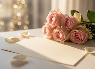 blank paper with no text with pink roses and flower bouquet on white for romantic love marriage celebration