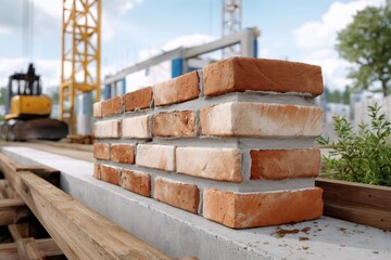 Fototapeta premium Brick wall sample at house building construction site
