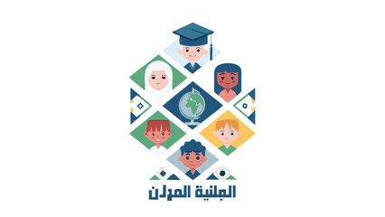 Diverse group of people wearing graduation cap, learning together, education, global citizenship, multicultural community, flat design, icons, white background
