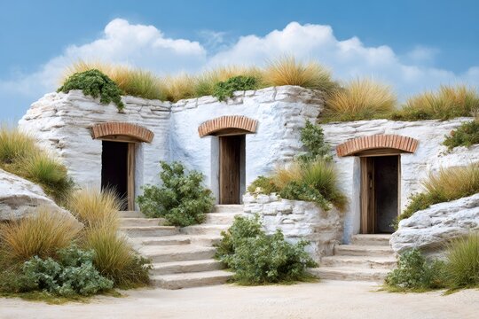 Traditional cave dwellings built into white rock mountainside