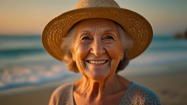 Happy senior caucasian woman in a straw hat enjoying a beautiful sunset on the beach. Portrait of a smiling elderly female showing contentment and peace during her retirement vacation
