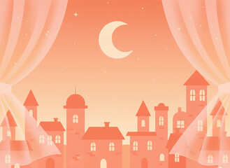 左右にカーテンのある、幻想的でキラキラした都市の風景のイラスト背景