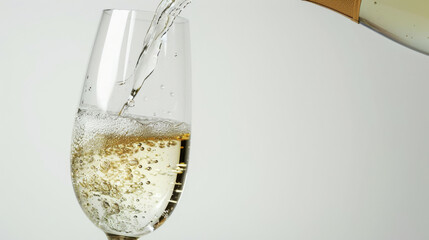 Pouring Champagne into Glass with Bubbles on Light Background