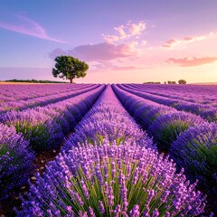 Obraz premium Lavender field at sunset with a lone tree in the background