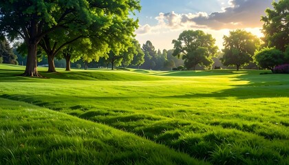 Serene Golf Course Landscape at Sunset with Lush Greenery and Majestic Trees