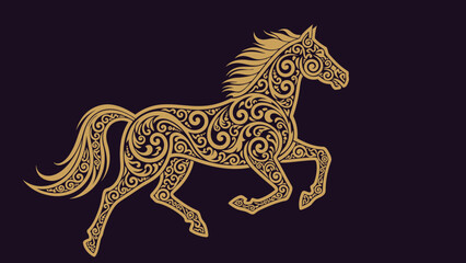 Fototapeta premium Golden Ornate Horse Galloping with Intricate Filigree Pattern Vector Illustration