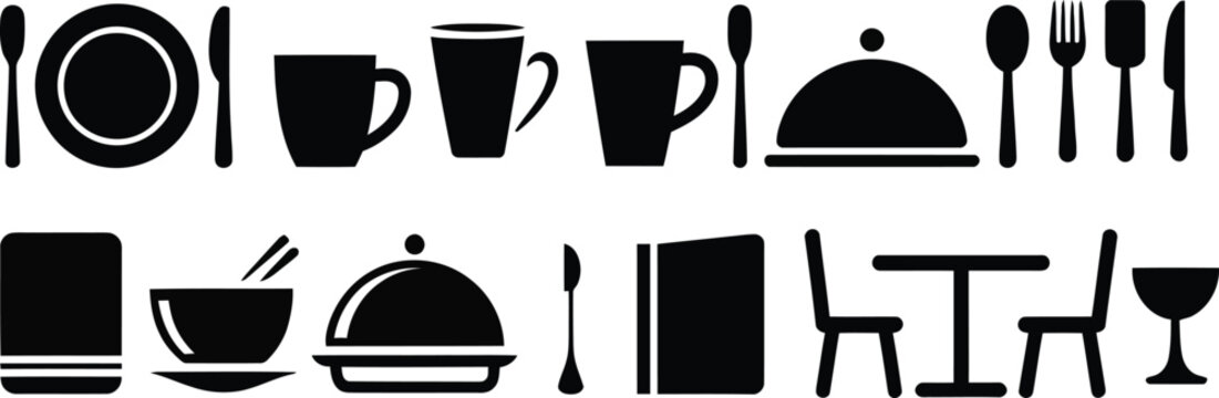 restaurant table setting icons collection in black on white background, vector illustration
