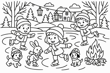 Fototapeta premium Coloring book - Kids ice skating on outdoor rink with bunny and dogs in winter 