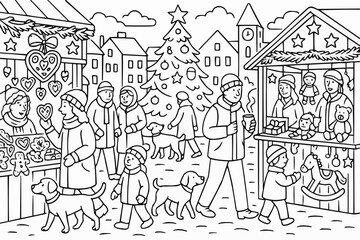 Obraz premium Coloring book - Holiday market scene with people shopping and festive decorations 