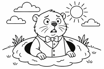 Coloring book - Groundhog in a suit looking surprised above ground on sunny day  