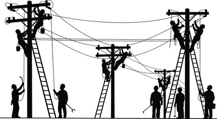 Silhouette of linemen working on utility poles with ladders and tools lineman electricity © ripon29