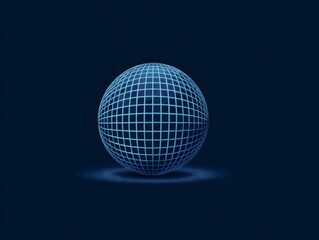 A blue sphere encased in a grid pattern sits centered on a deep blue background. The lines of the grid emit a faint glow
