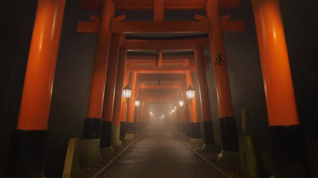 Illuminated path through the famous orange torii gates at fushimi inari shrine in kyoto. A composite sequence showing the mysterious and foggy atmosphere of the sacred walkway at night