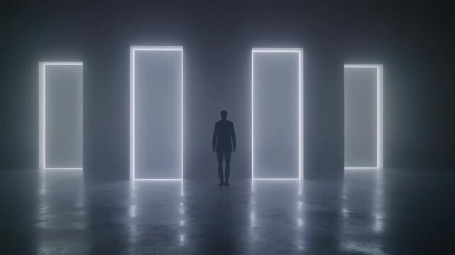 Conceptual sequence of a male silhouette walking through a dark futuristic space. A journey through glowing portals representing choice, progress, and the unknown future