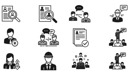 Collection of icons representing human resources, recruitment, and team management for business and professional use
